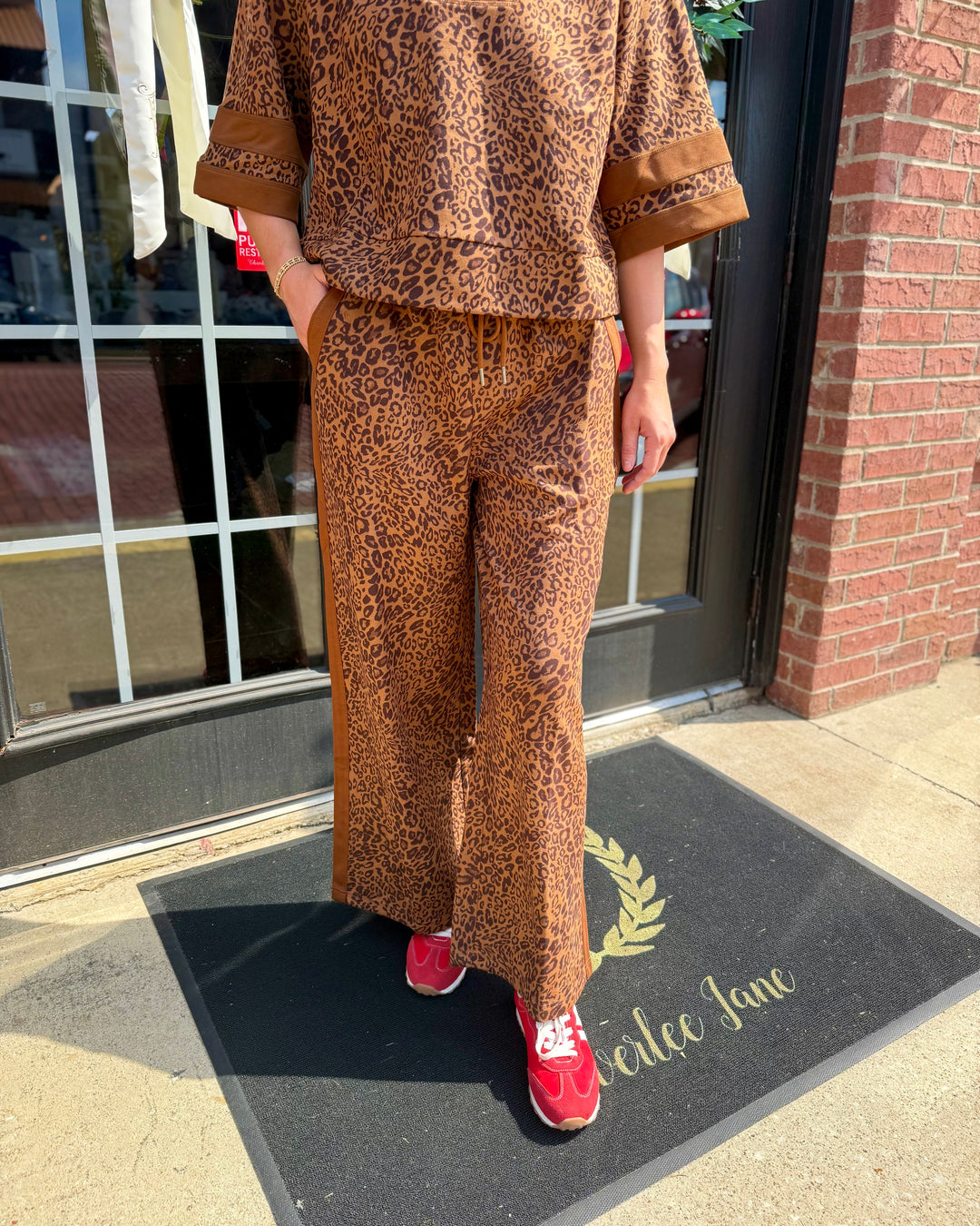 Brown leopard print wide-leg pants with a drawstring waist. Available in sizes S–XL.