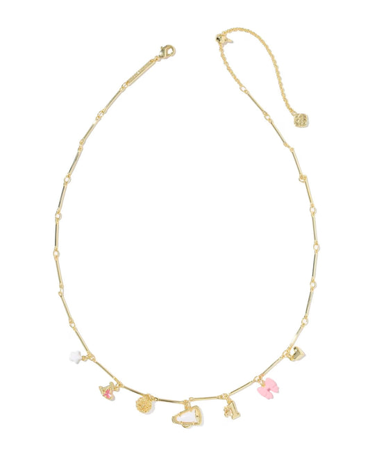 Gold chain necklace with small beads and colorful charms—pink bunny, white duck, gold bear, baby bottle, pink shoe; available in multiple sizes.