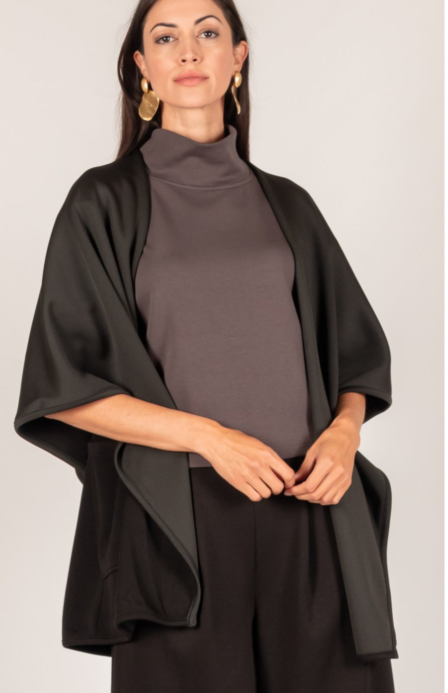 Butter Modal Cape Cardigan: Soft, lightweight cape-style cardigan. Sizes available: XS, S, M, L, XL.