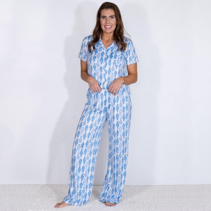 Claire Sleep Pants: blue and white, long pants pajama set, short sleeves, soft fabric. Available in sizes XS–XL.