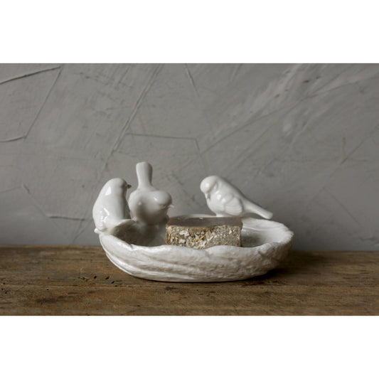 Ceramic leaf dish with three perched birds, ideal for treats. Available sizes: small, medium, large.