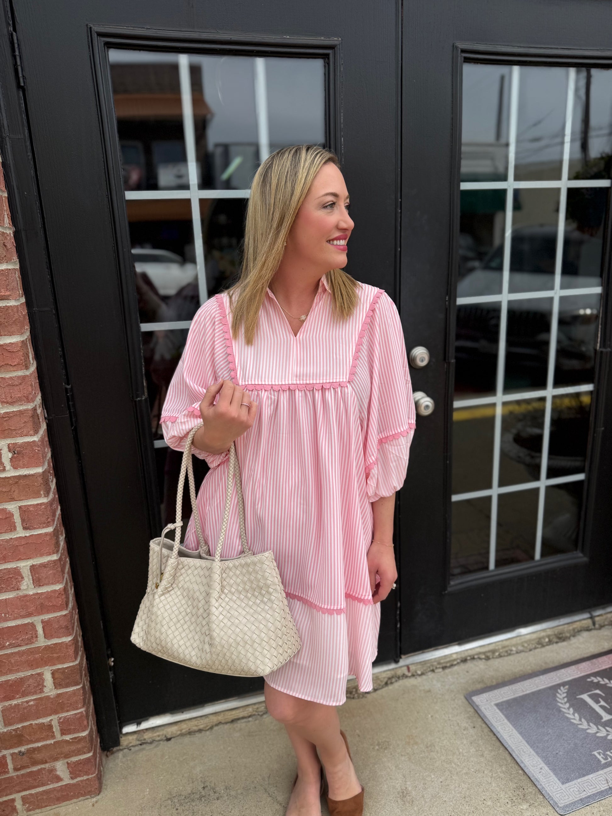 Pink Coastal Patch Dress with short sleeves; available in sizes XS–XL.