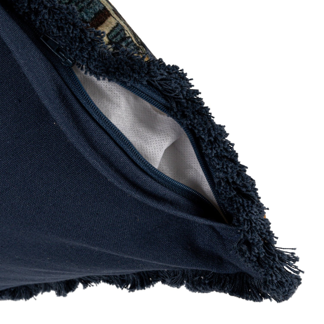 20” square navy blue cotton blend velvet pillow with fringe edges and partially open zipper; available in 20” size.