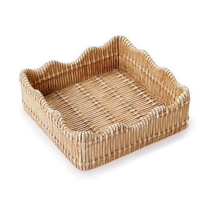 Square rattan napkin holder with basket weave, scalloped edges, and flat base. Sizes available: cocktail.