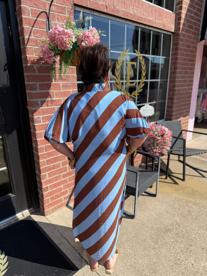 Riverwood Stripe Midi Dress shown; available in sizes XS–XL.