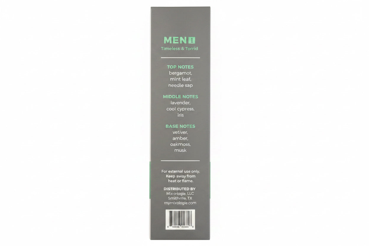 Cologne Spray 8ml lists notes of bergamot, mint leaf, lavender, vetiver; alcohol-based for a lasting scent.