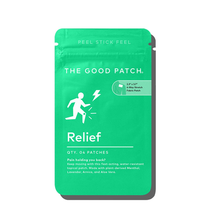 Green "Relief Patch" packet with icon; contains 4 pain relief patches with menthol, lavender, arnica, and aloe vera. Sizes not shown.