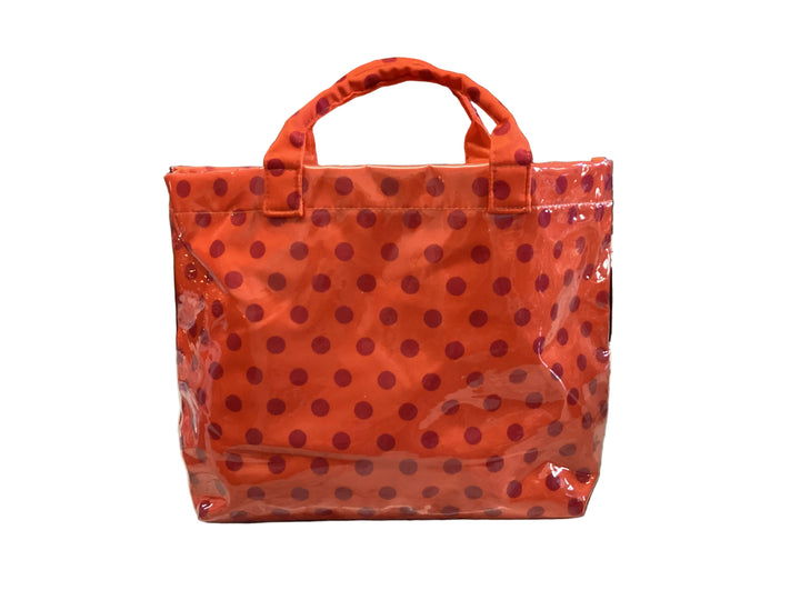 Red polka dot tote with two top handles.