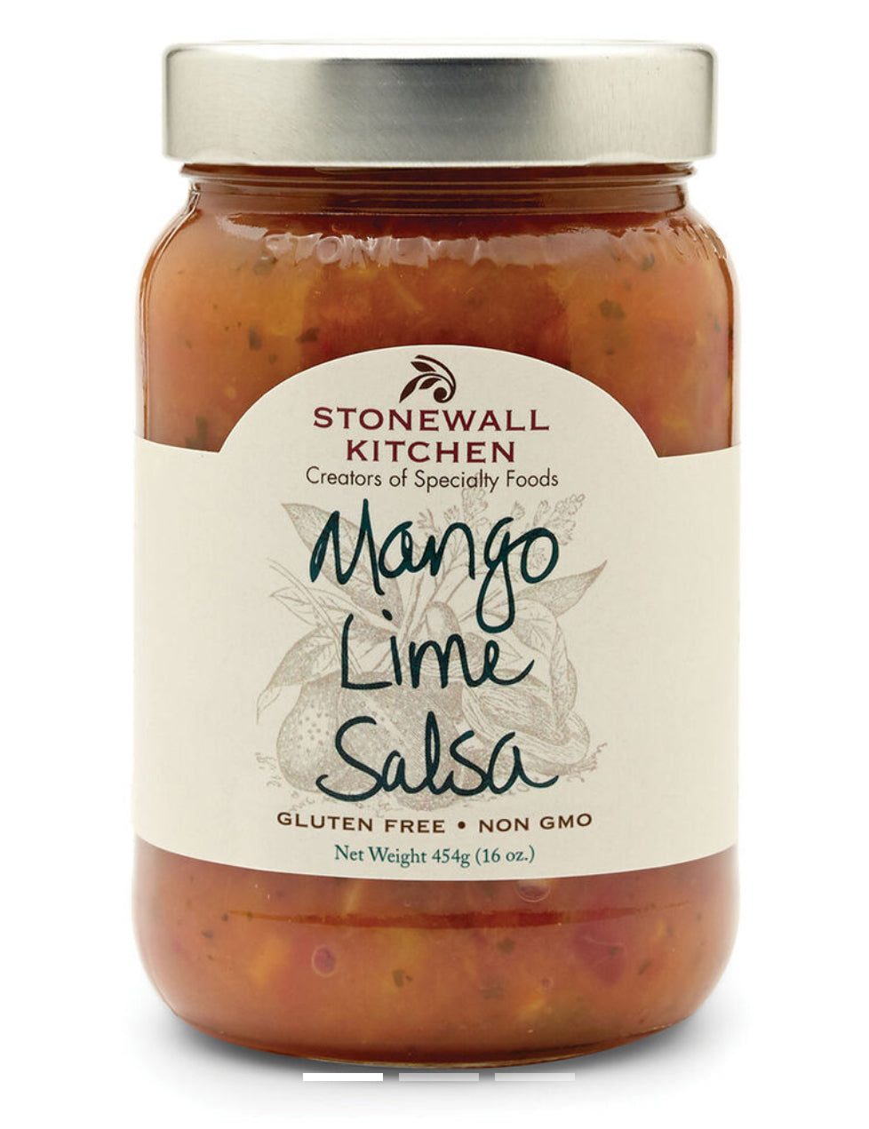 Mango Lime Salsa from Stonewall Kitchen. Net weight: 454g (16 oz). Gluten-free, non-GMO.