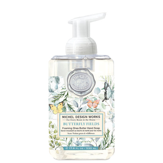 Butterfly Fields Foaming Soap in clear pump bottle with shea butter, butterfly-themed label. Available in 17.8 oz size.