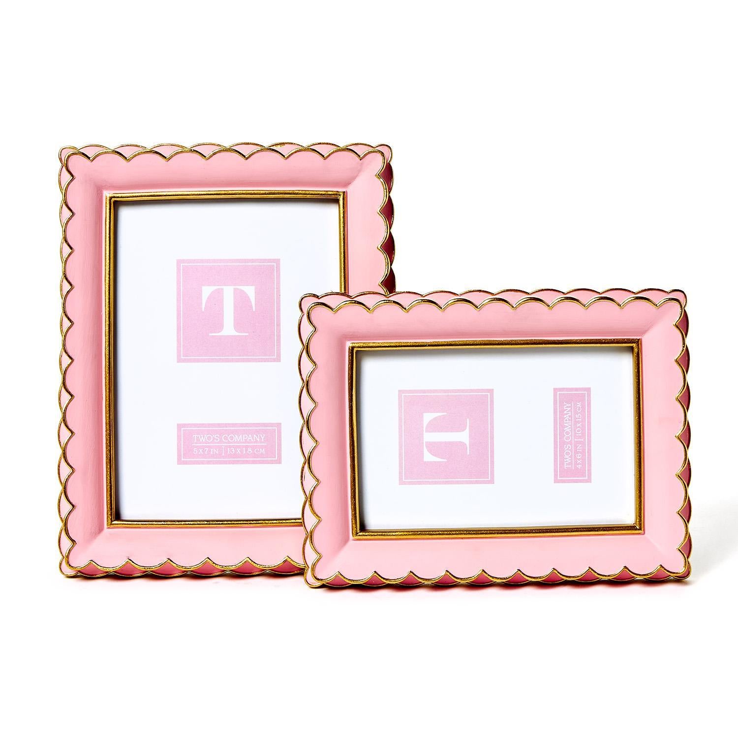 Rectangular pink scalloped picture frames with gold trim, available in large and small sizes; blank decorative placeholders inside.