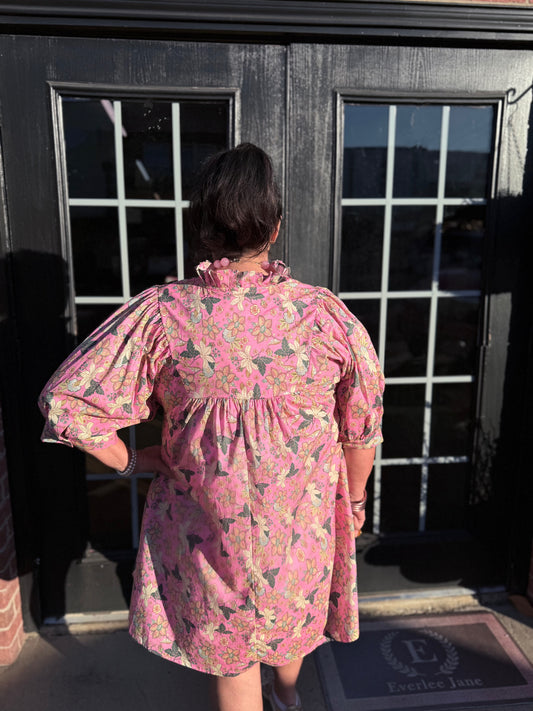 Pink Floral Print Ruffle Collar Dress