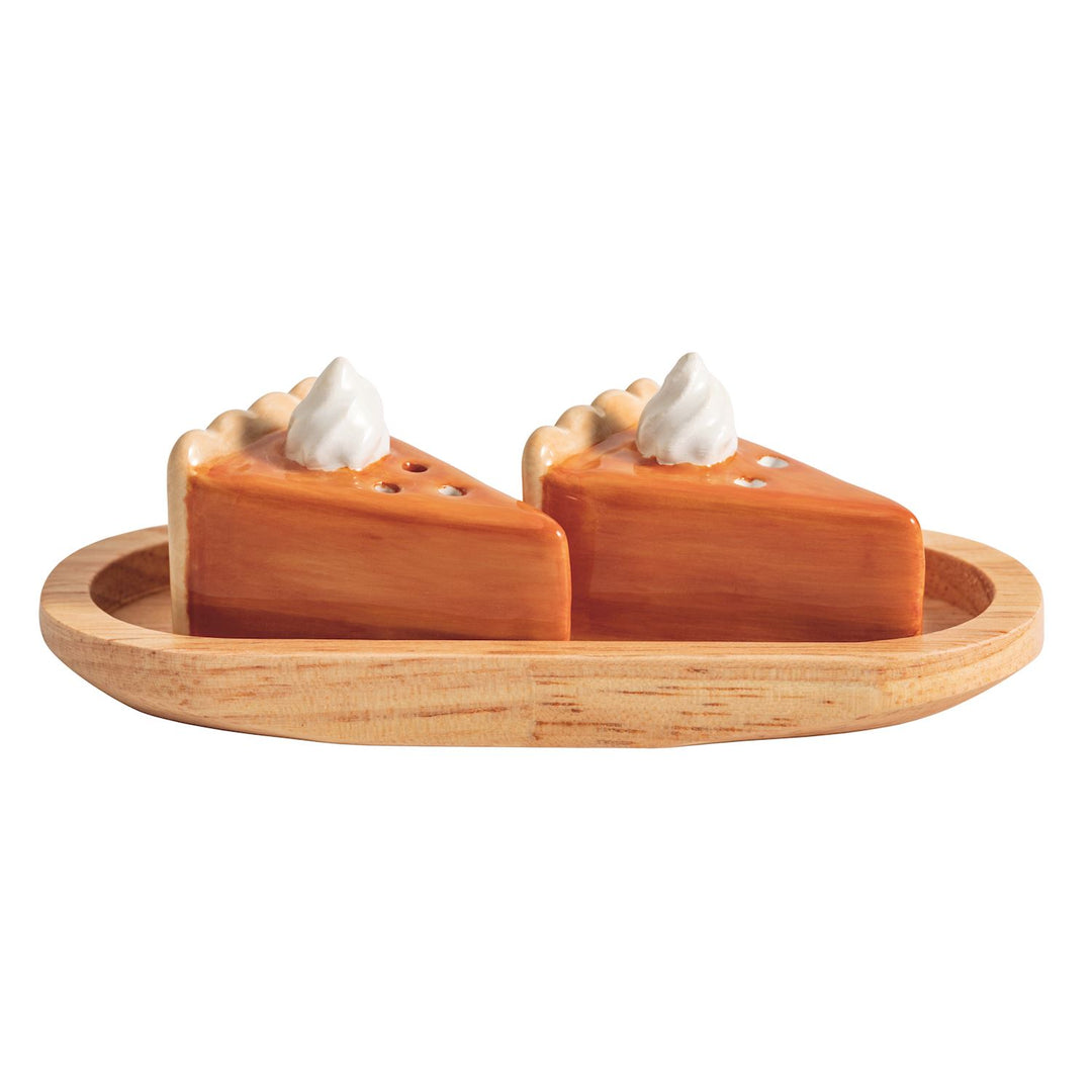 Mini Pie Salt &amp; Pepper Shakers set, ceramic pie-slice shapes with whipped cream tops, on a wooden tray. Sizes available: mini.