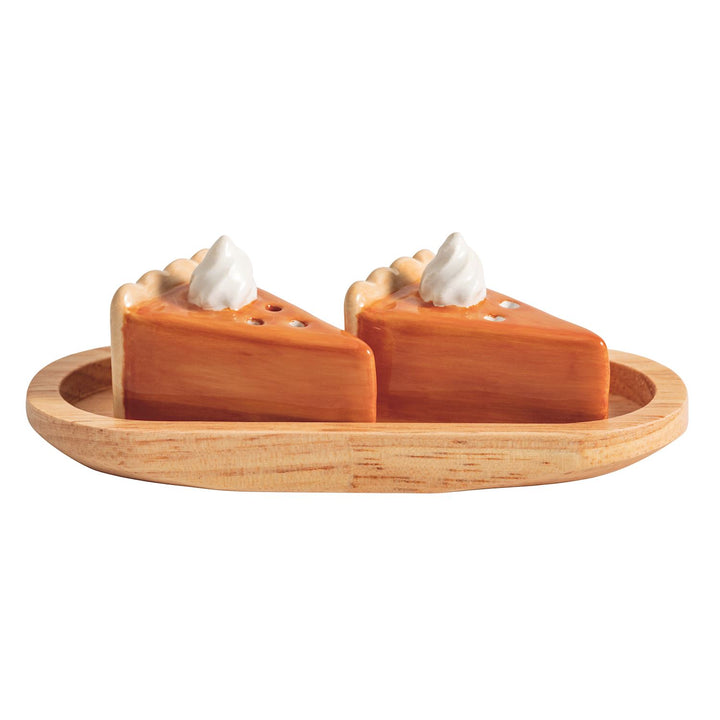 Mini Pie Salt &amp; Pepper Shakers set, ceramic pie-slice shapes with whipped cream tops, on a wooden tray. Sizes available: mini.