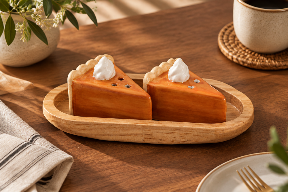 Two ceramic salt and pepper shakers shaped like pie slices with whipped cream. Sizes available: Mini.