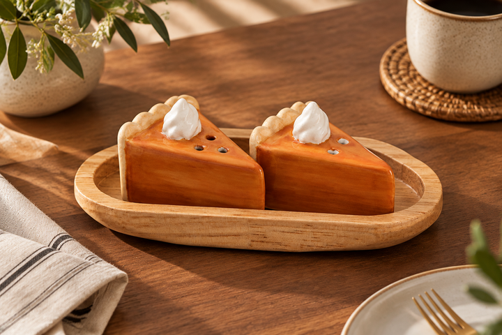 Two ceramic salt and pepper shakers shaped like pie slices with whipped cream. Sizes available: Mini.