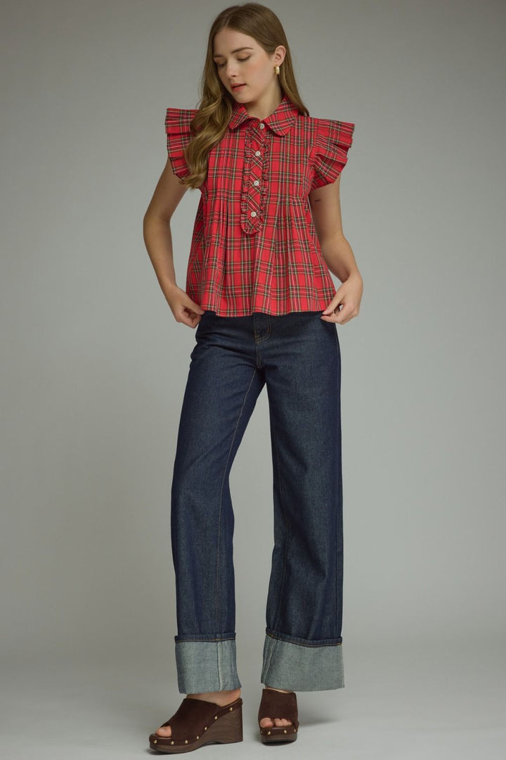 Plaid ruffle blouse available in sizes XS-XL.