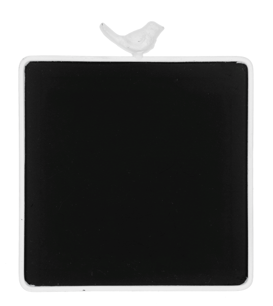 Square black chalkboard with white frame and bird figurine on top; available in multiple sizes.