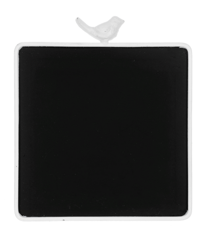 Square black chalkboard with white frame and bird figurine on top; available in multiple sizes.
