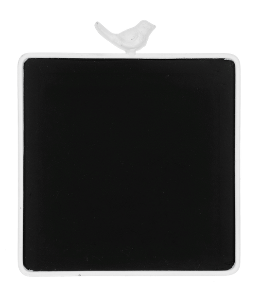 Square black chalkboard with white frame and bird figurine on top; available in multiple sizes.