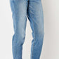 Judy Blue Mid Rise Slim Fit Cuffed Jeans in light blue. Available in sizes 24–32, 14W–24W.
