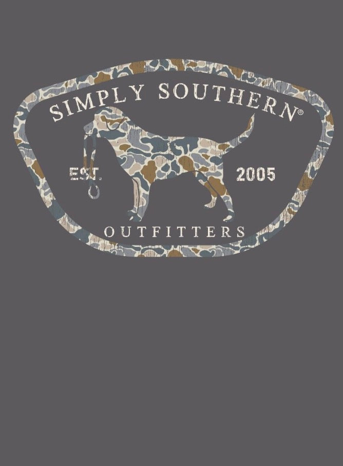 Simply Southern camo dog logo, leash, "Est. 2005", gray tee. Men’s Camodog Short Sleeve T-Shirt. Sizes S-XXL.