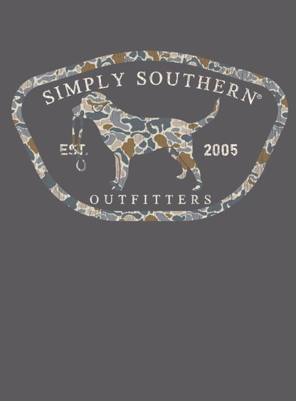 Simply Southern camo dog logo, leash, "Est. 2005", gray tee. Men’s Camodog Short Sleeve T-Shirt. Sizes S-XXL.