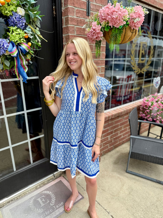 Royal Blue Baroque Pattern Tiered Dress with flowing silhouette; available in sizes XS-XL.