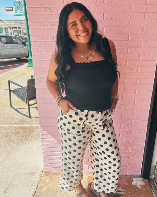 Black HW Wide Scallop Detail Polka Dot Pants, high-waist, wide-leg; available in sizes XS-XL.
