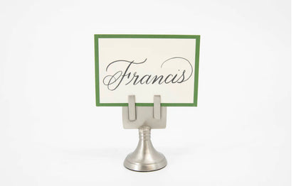 Place Card Holder with a green-bordered card reading "Francis" in script. Available sizes: small, medium, large.