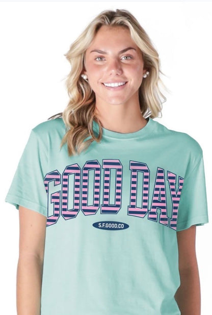 Good Day Striped Logo T-Shirt: light blue, bold striped logo, relaxed fit. Available in sizes S-XL.