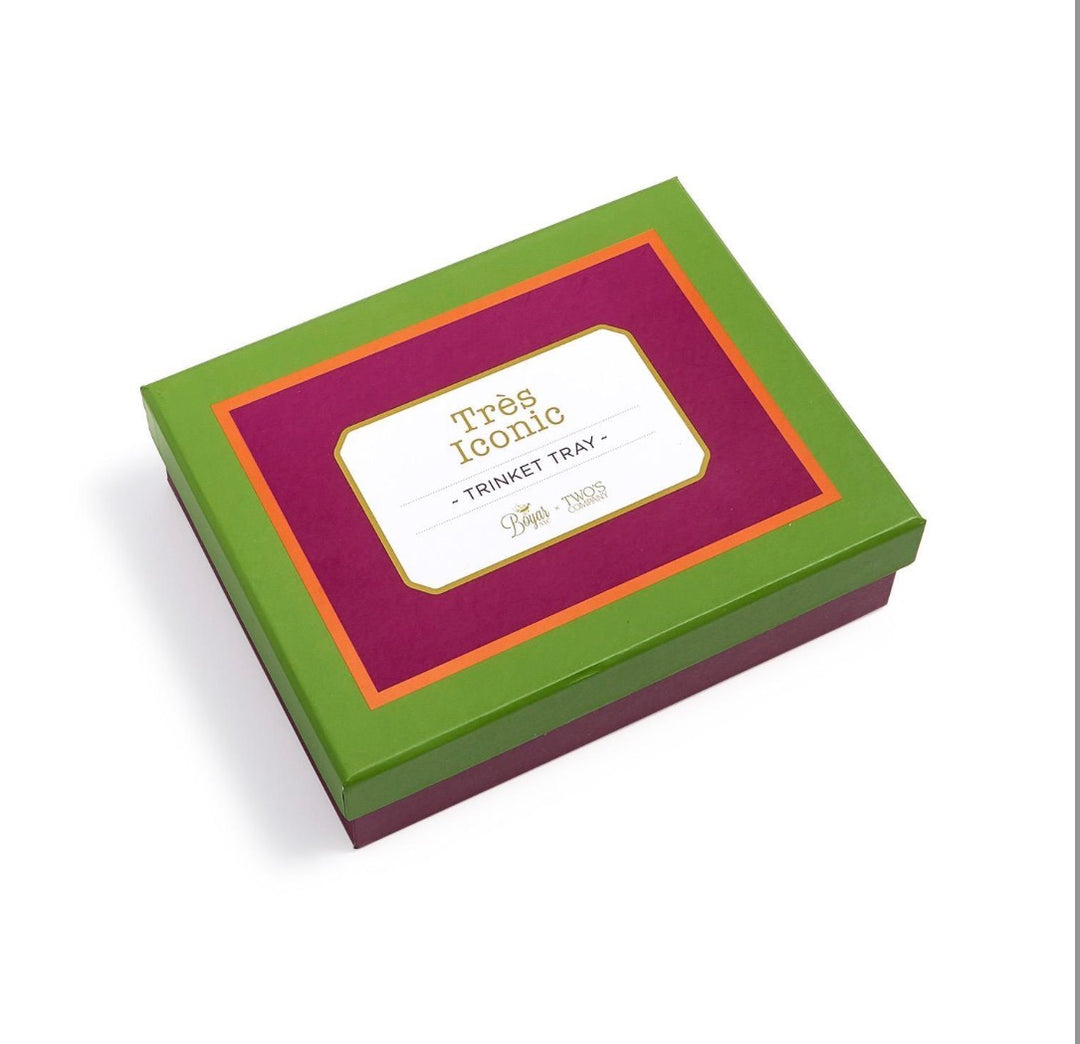 Mahjong Spreaders on Gift Card: a rectangular resin spreader box with a green lid, purple base, and a central label reading “Très Iconic - Trinket Tray -”.