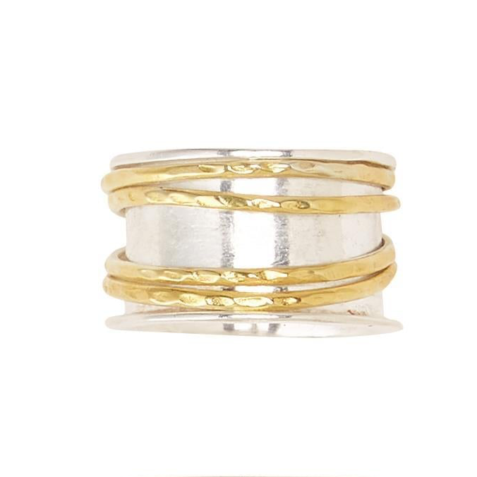 Wide silver ring with three thin gold spiral bands, flared edges, rotating design. Available in sizes 6, 7, and 8.
