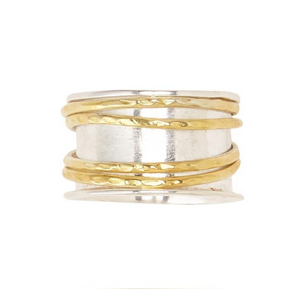 Wide silver ring with three thin gold spiral bands, flared edges, rotating design. Available in sizes 6, 7, and 8.