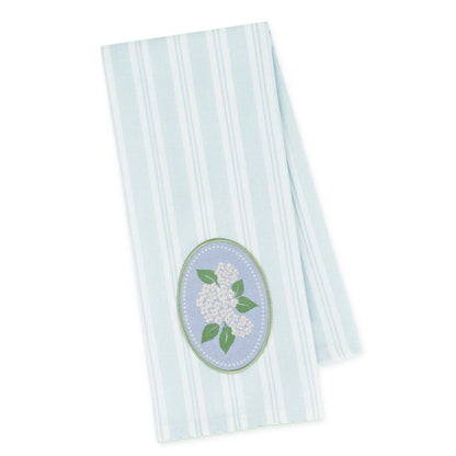 White Hydrangea dishtowel with light blue and white stripes, oval floral patch; available in standard kitchen towel size.
