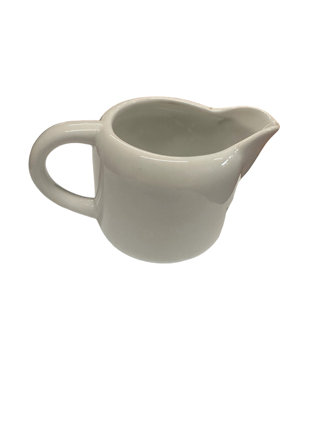 Small white stoneware pitcher with handle and spout. Available in 8oz, 12oz, and 16oz sizes.
