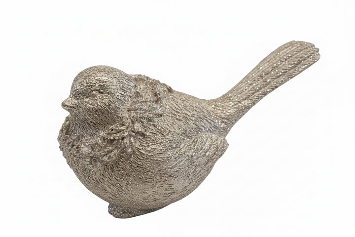 Gold resin bird figurine with a textured surface, wreath neck detail, and gold finish.