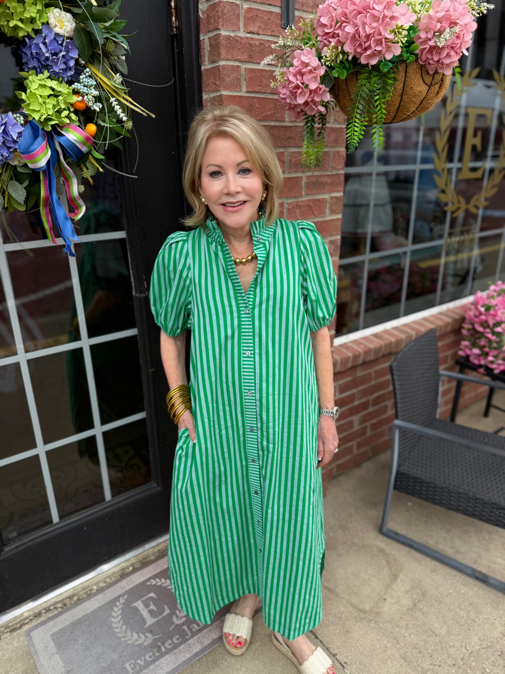 Striped Ruffle Puff Sleeve Midi Dress in green/white with ruffle details; available in sizes XS–XL.