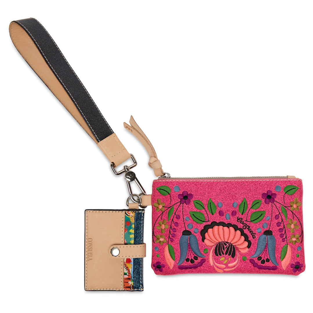 The Combi, Ivy: pink embroidered floral pouch with tan/black wrist strap and tan card slot wallet. Sizes available: S, M, L.