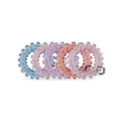 Four TELETIES Hair Ties in translucent blue, lavender, pink, and peach. Available in small and large sizes.