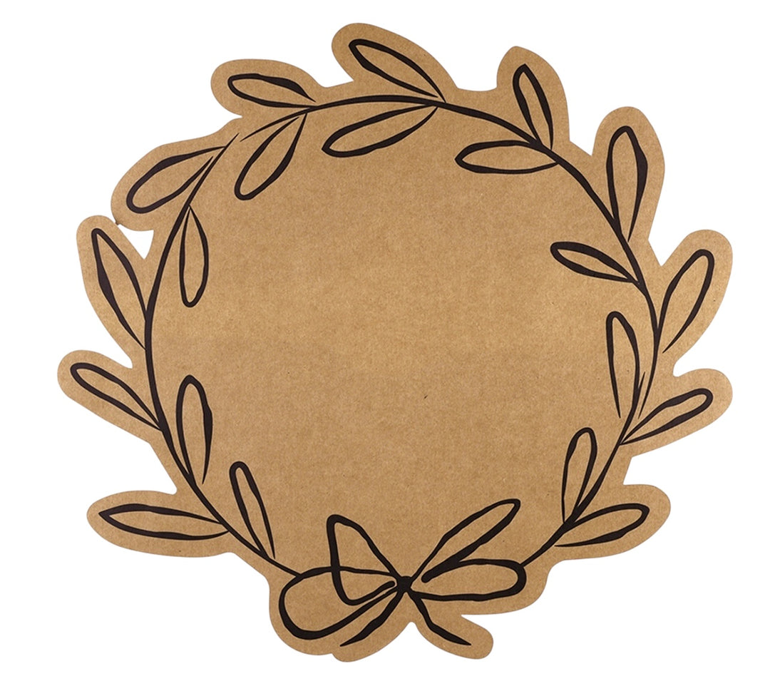 Round brown kraft paper placemats with black leaf wreath and bow design, blank center. Available sizes: 12-inch, 15-inch.