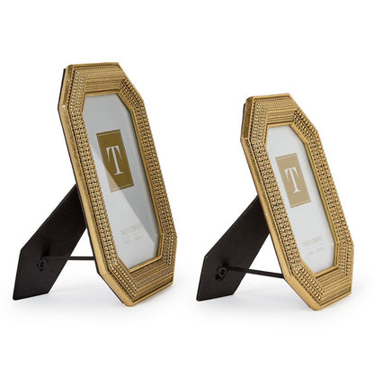 Gold beaded octagonal photo frames with intricate detailing, available in two sizes. Each frame features a bold white "T" on a gold background.