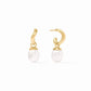 24K gold plated huggie hoops with pear-shaped pearl pendants. Available sizes: small, medium, large.