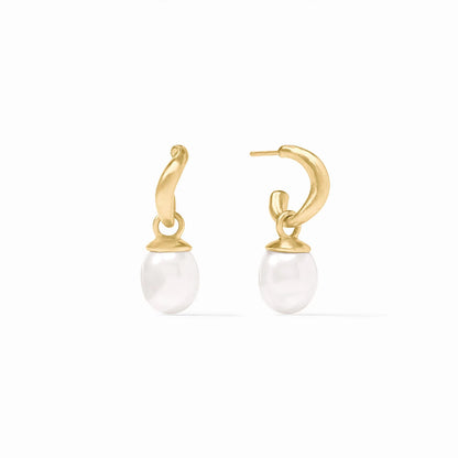 24K gold plated huggie hoops with pear-shaped pearl pendants. Available sizes: small, medium, large.