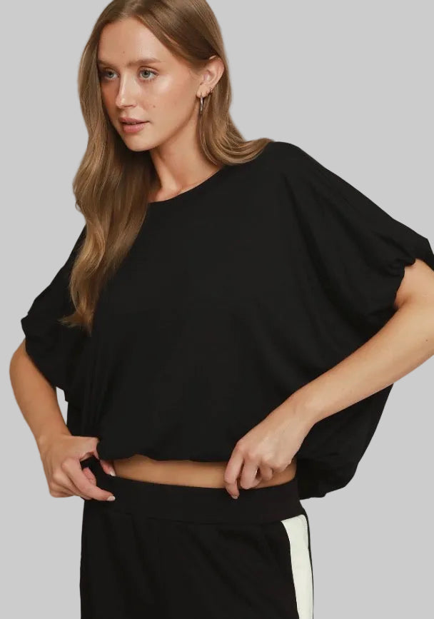 Eco-friendly black Bubble Sleeve & Hem Top with short sleeves. Available in sizes XS–XL.