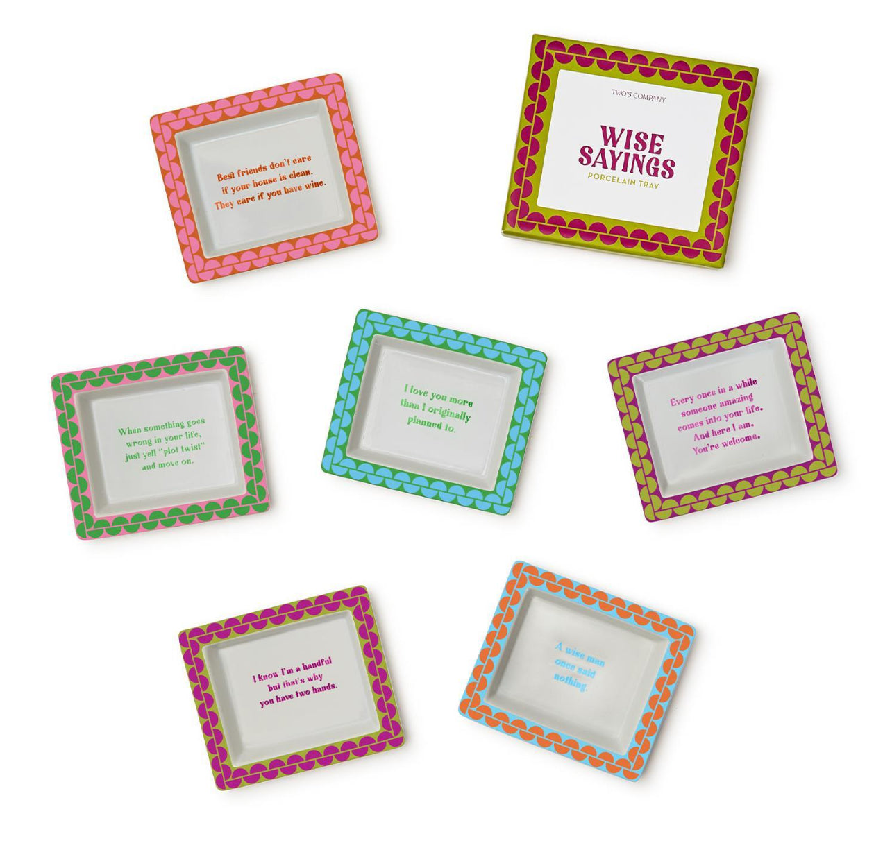 Set of seven colorful porcelain desk trays with decorative borders, each featuring a unique quote. Available in assorted sizes.