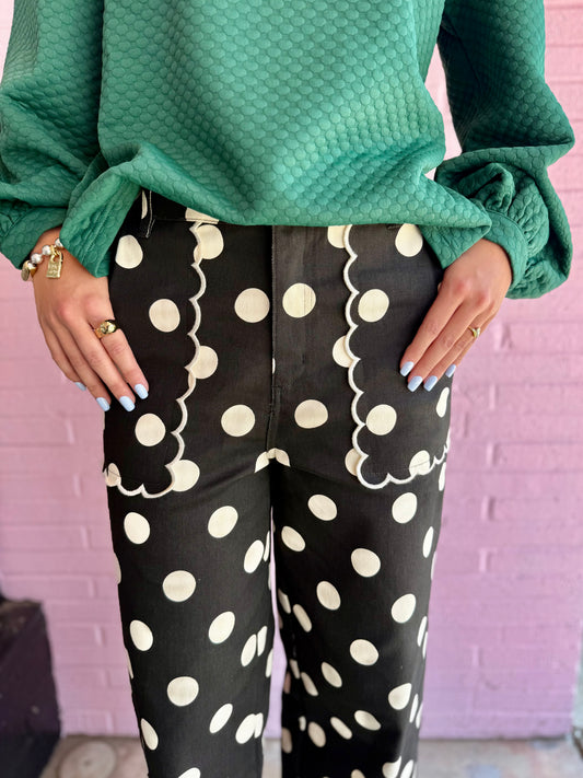 Polka Dot Scalloped Jeans, available in sizes 24–32.