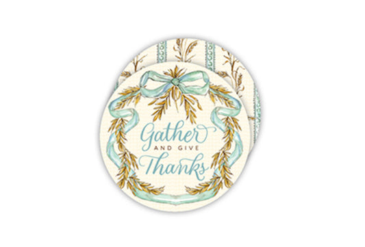 Two Round Coasters Handpainted:
- Top: Festive wreath with blue ribbon, "Gather and Give Thanks"
- Background: Striped pattern in blue and beige
- Sizes available: Standard