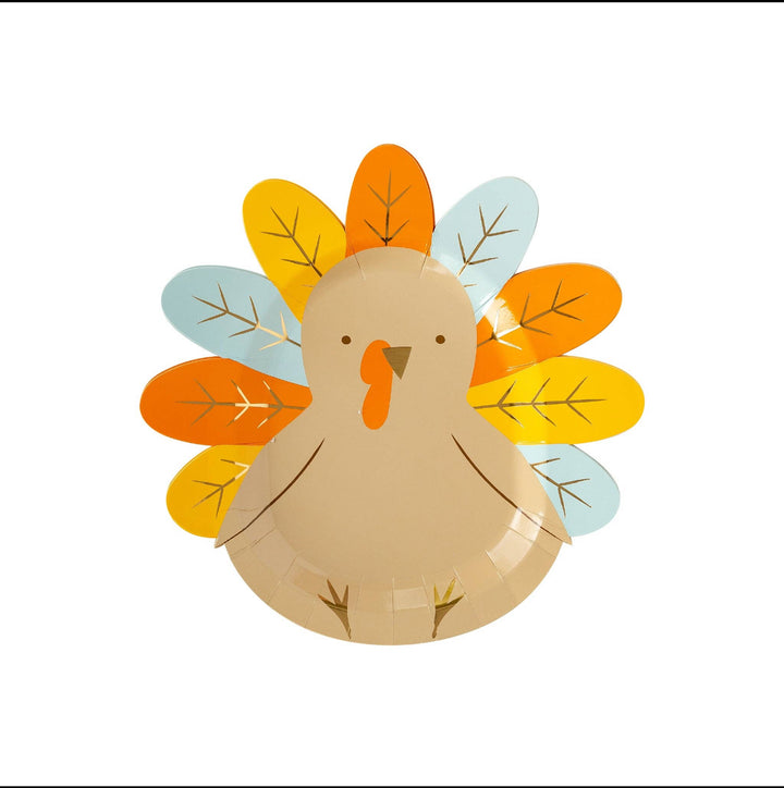 Thanksgiving Basket paper plate with turkey design, orange, yellow, and blue feathers, small beak, simple eyes on tan body; available in multiple sizes.