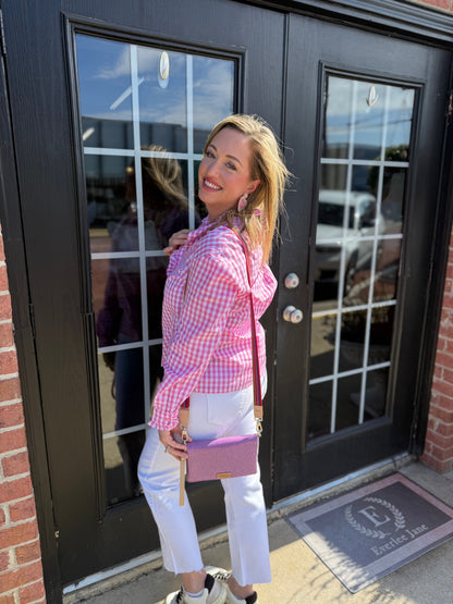 Pink Gingham Long Sleeve Ruffle Shirt